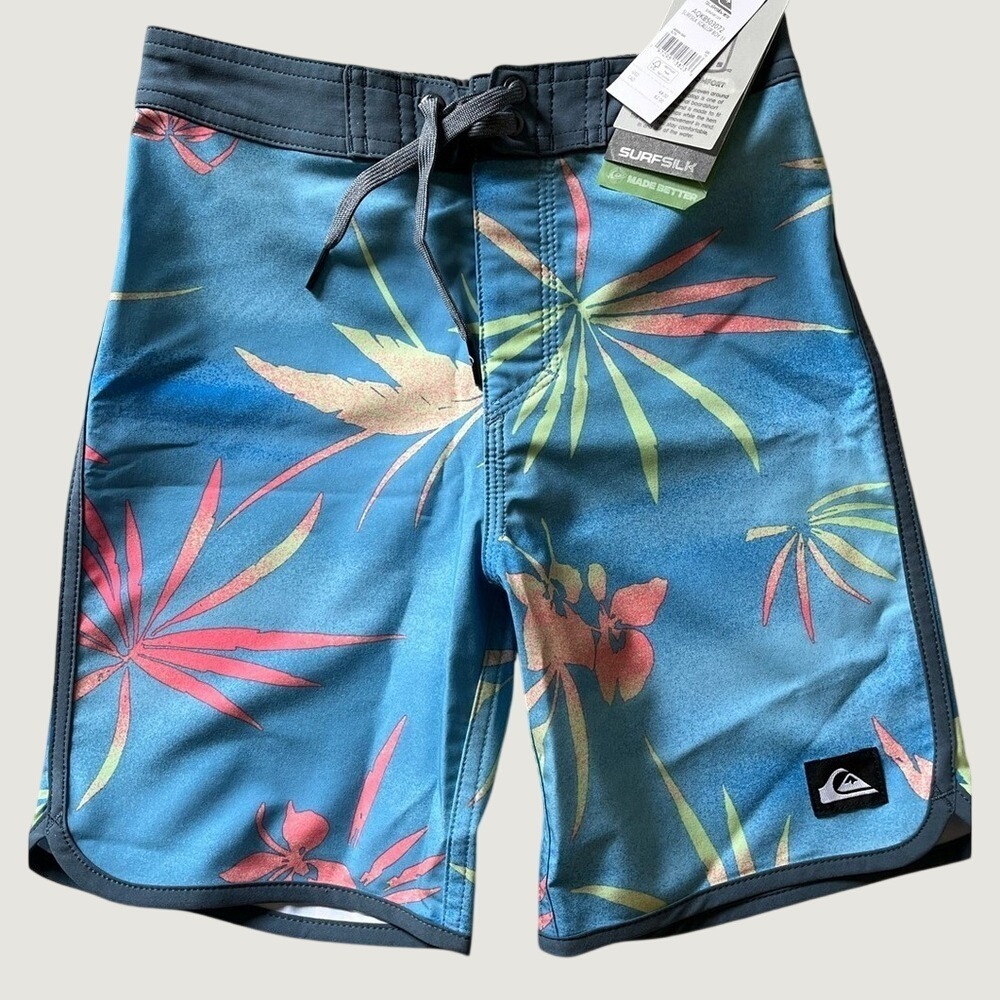 Quiksilver Surfsilk Scallop Board Swim Shorts Boys 7X Blue Tropical Floral NWT